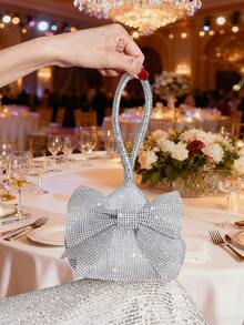 Sparkly Mini Bow Rhinestone Decor Evening Clutch Handbag Coin Purse Wallet - Silver - View 4