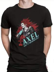 Vintage Stylish Men Fashion Funny Printed Men'S Axel Kingdom Riku Game Hearts Pattern T-Shirt - 100% Black T-Shirt, Featuring Bold Red And Blue Charac - 黑色 - 查看 1