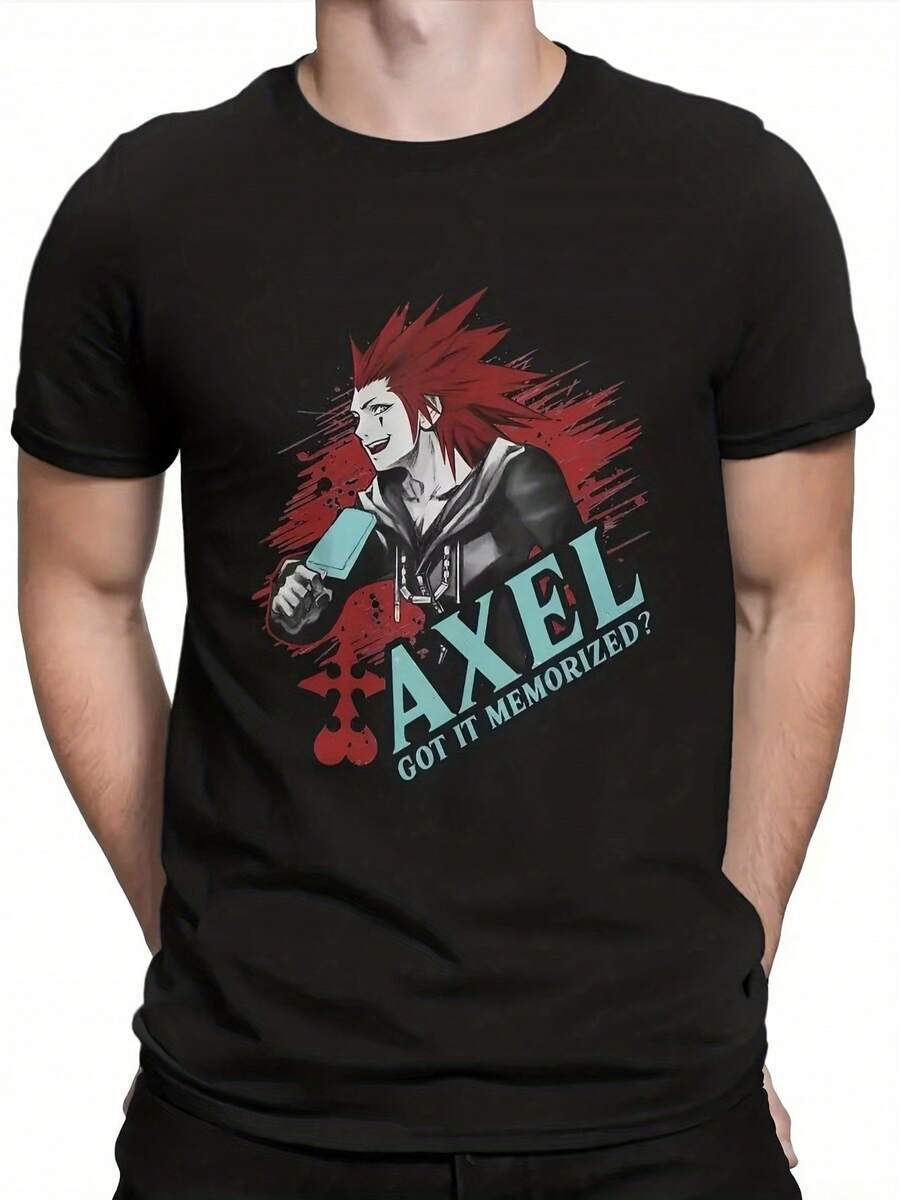 Vintage Stylish Men Fashion Funny Printed Men'S Axel Kingdom Riku Game Hearts Pattern T-Shirt - 100% Black T-Shirt, Featuring Bold Red And Blue Charac - 黑色 - 查看 1