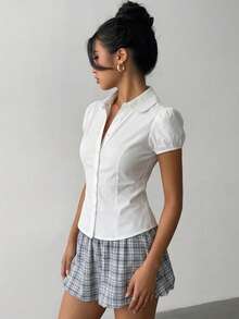 Women's Elegant Casual Solid Color Waist-Defining White Collar Regular Length Short Puff Sleeve Button Front Polyester Shirt, Versatile For Summer Commute - White - View 4