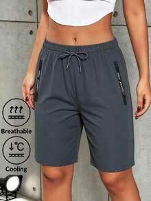 Women's Casual Summer Shorts, Soft Breathable Drawstring Waist Shorts With Zipper Pockets, Suitable For Sports, Daily Wear And Outdoor Activities - Dark Grey - View 3