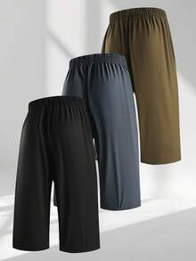 3 piezas Pantalones cortos de verano de 3/4 de largo para hombre talla grande, pantalones casuales con cintura elástica y cordón, pantalones deportivos con bolsillo con cremallera, adecuados para correr y fitness - Multicolor - Ver 2