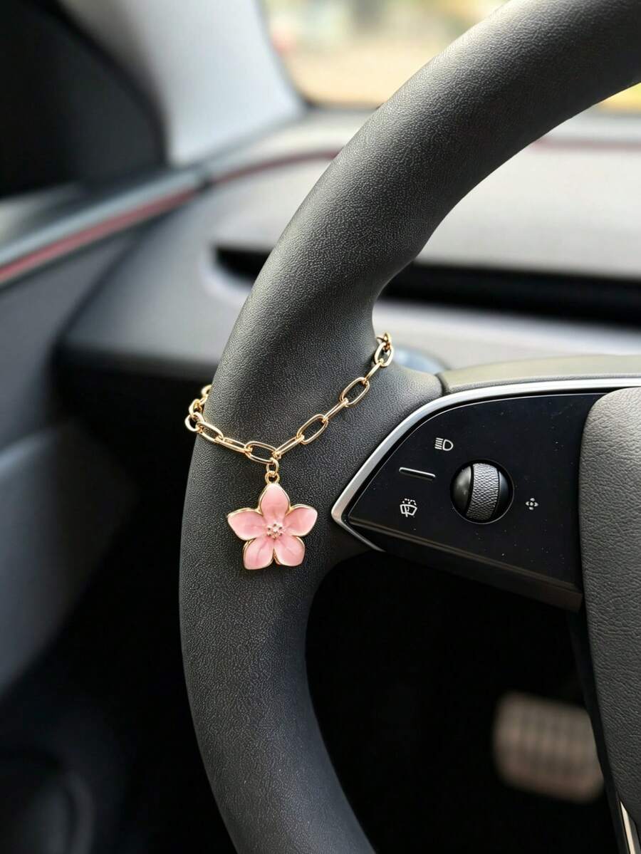 1pc Alloy Cherry Blossom Car Hanging Ornament, Car Interior Steering Wheel Decoration Accessory - A - View 1