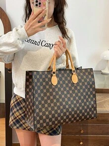 DEDOO 1pc Large Capacity Tote Bag Set, Fashionable Colorblock Print, Large Capacity Zipper Design, Suitable For Daily, Business Travel, Vacation - Coffee - View 7