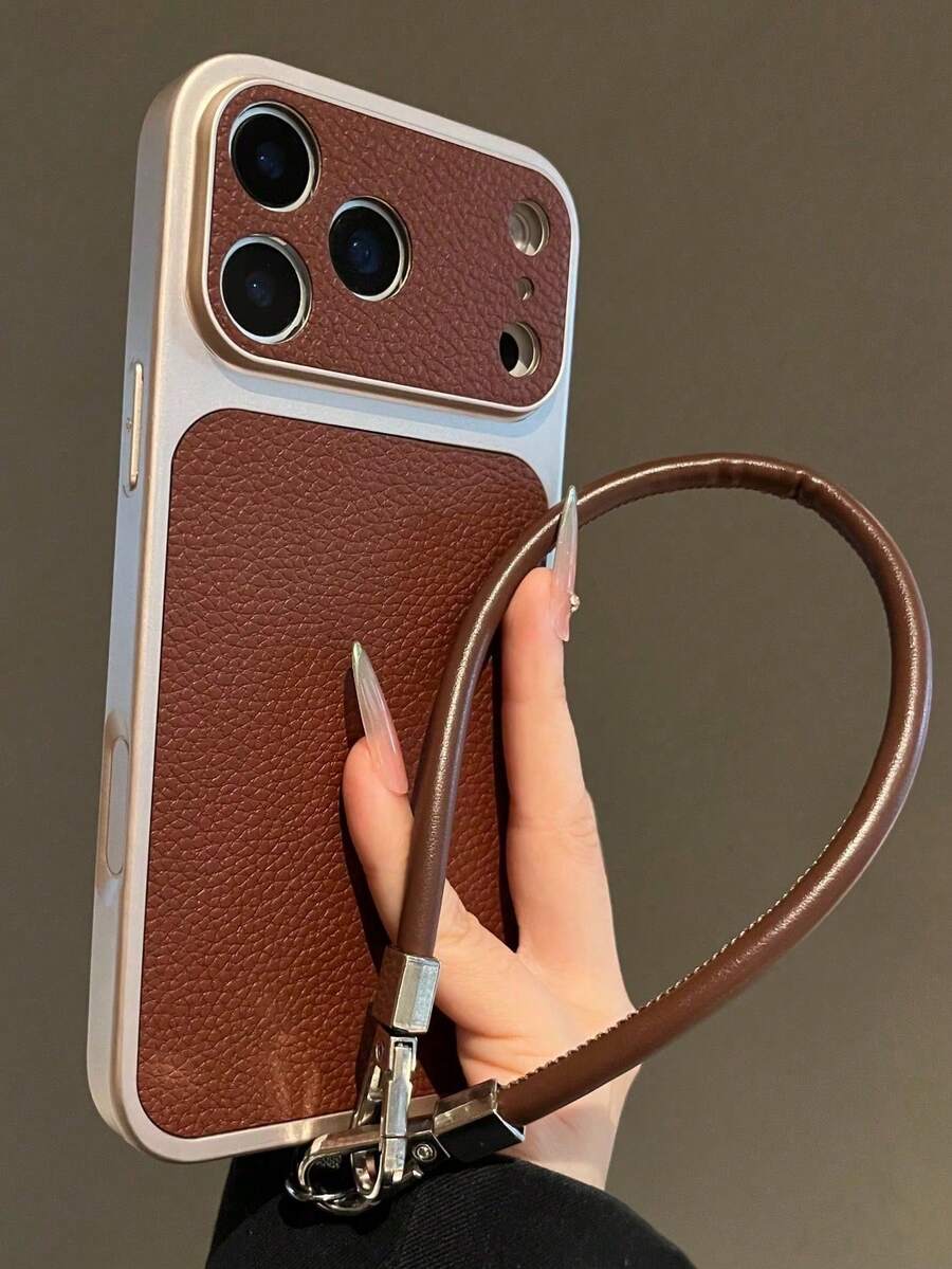 Fashion Lychee Leather Texture Large Window Phone Case Compatible With IPhone 17 Pro Max 17 Pro 16 Pro Max 15 14 Pro 13 12 Pro 17 Camera Protection Matte Soft Edge Shockproof Protective Cover With Portable Wrist Strap Lanyard