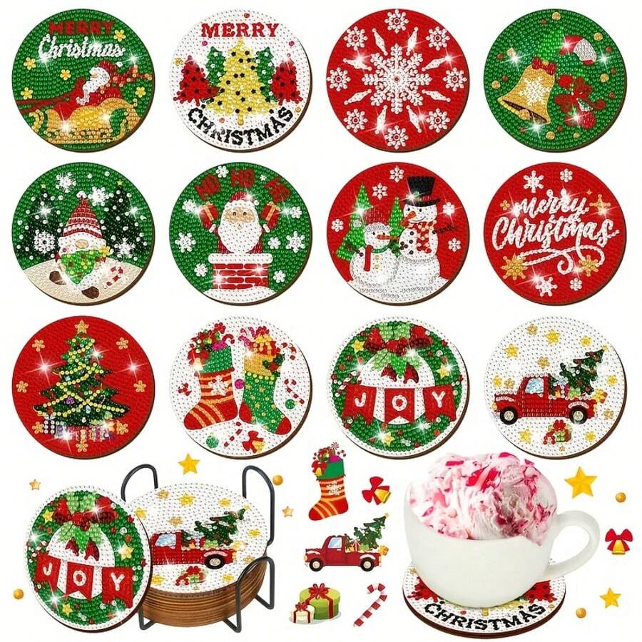 Merry Christmas DIY Diamond Painting Coaster Set, Beginner, Adult Painting Crafts And Sewing Supplies, Suitable For Home Decor And Party Small Gifts Toys, Christmas Gifts