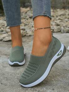Women's Lightweight, Thickened, Soft-Soled Walking Shoes; Summer Knitted, Breathable Casual Shoes; Versatile Loafers Available In Multiple Colors.Slip-On Sneakers - Green - View 5