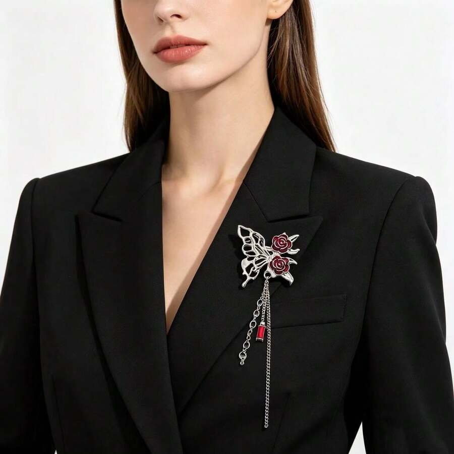 Spilla con nappe a forma di rosa e farfalla in stile dark sweet cool, accessorio personalizzato in metallo con catena per giacca e cappotto da donna - Argento - Visualizzare 1