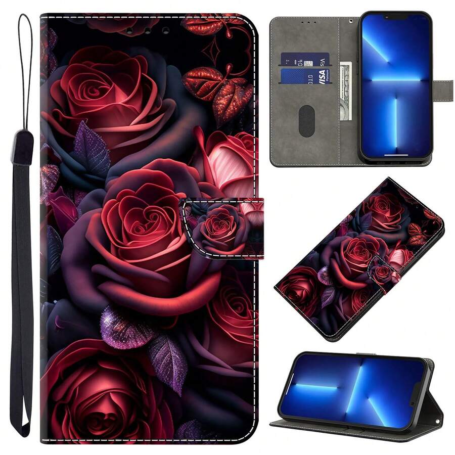 GLANDOTU Dark Red Rose PU Leather Flip Wallet Phone Case With Magnetic Closure, Compatible With Multiple Phone Brands And Models - Multicolor - View 1