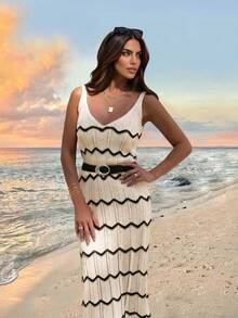Robe nuisette d'été élégante et vintage pour femme, en maille ondulée ajourée, bicolore contrastée. Idéale pour les vacances, la plage et les moments de détente. - Nude - Voir 3