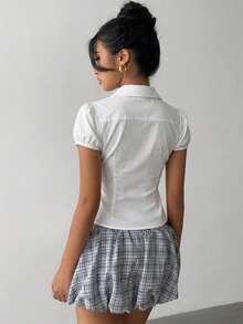 Women's Elegant Casual Solid Color Waist-Defining White Collar Regular Length Short Puff Sleeve Button Front Polyester Shirt, Versatile For Summer Commute - White - View 5