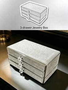 1 pieza Caja de joyas con 3 cajones y strass, caja de almacenamiento de joyas multifuncional de gran capacidad, caja de almacenamiento lujosa y brillante, organizador de joyas, caja de joyas decorativa, joyas, regalo, distribución, caja, caja de almacenamiento de accesorios, regalo para mujeres, regalo para regreso a clases - Negro - Ver 14