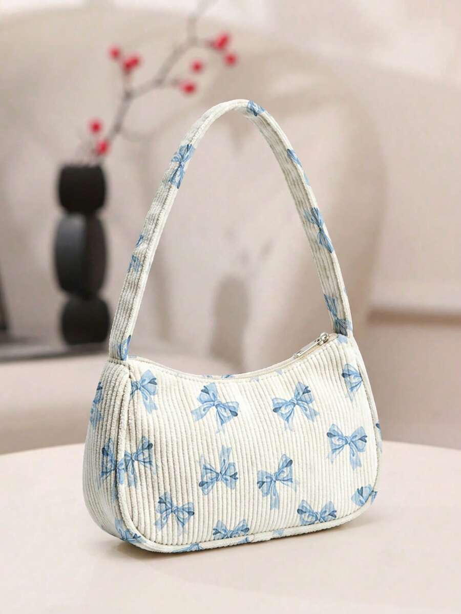 1pc Underarm Bag, Ultra-Lightweight & Convenient, Versatile & Practical Animal/Bow Pattern Printed Corduroy Underarm Bag, Soft Casual Daily Handbag, 2026 Teen Fashionable & Beautiful Casual Daily Handbag, With Zipper, Suitable For Boys And Girls - Multicolor - View 1