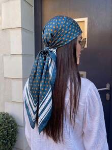 1pc Women's Elegant Polka Dot Satin Bandana, French Lady Silk Scarf, Lightweight & Breathable, Suitable For Various Occasions - Teal Blue - View 4