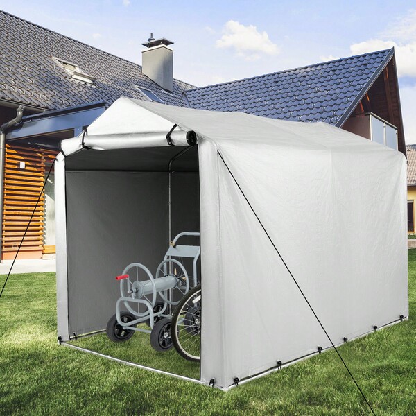 COSTWAY Heavy-Duty Outdoor Storage Shed, 218 X 160 CM Portable Garage W/ PE Cover, Roll-Up Zippered Door For Bicycle, Motorcycle, Portable Garage Tent For Garden Tools, Patio Shelter, Grey/Silver