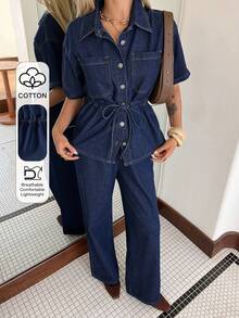 Conjunto de camisa con bolsillo en la cintura y pantalón vaquero de pierna ancha lavado, estilo casual para mujer, primavera/verano - Azul lavado oscuro 2 - Ver 1