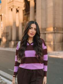 Women's Striped Long-Sleeve Blouse, Black And White, Casual Fashion  2026 - 玫紅色 - 查看 2