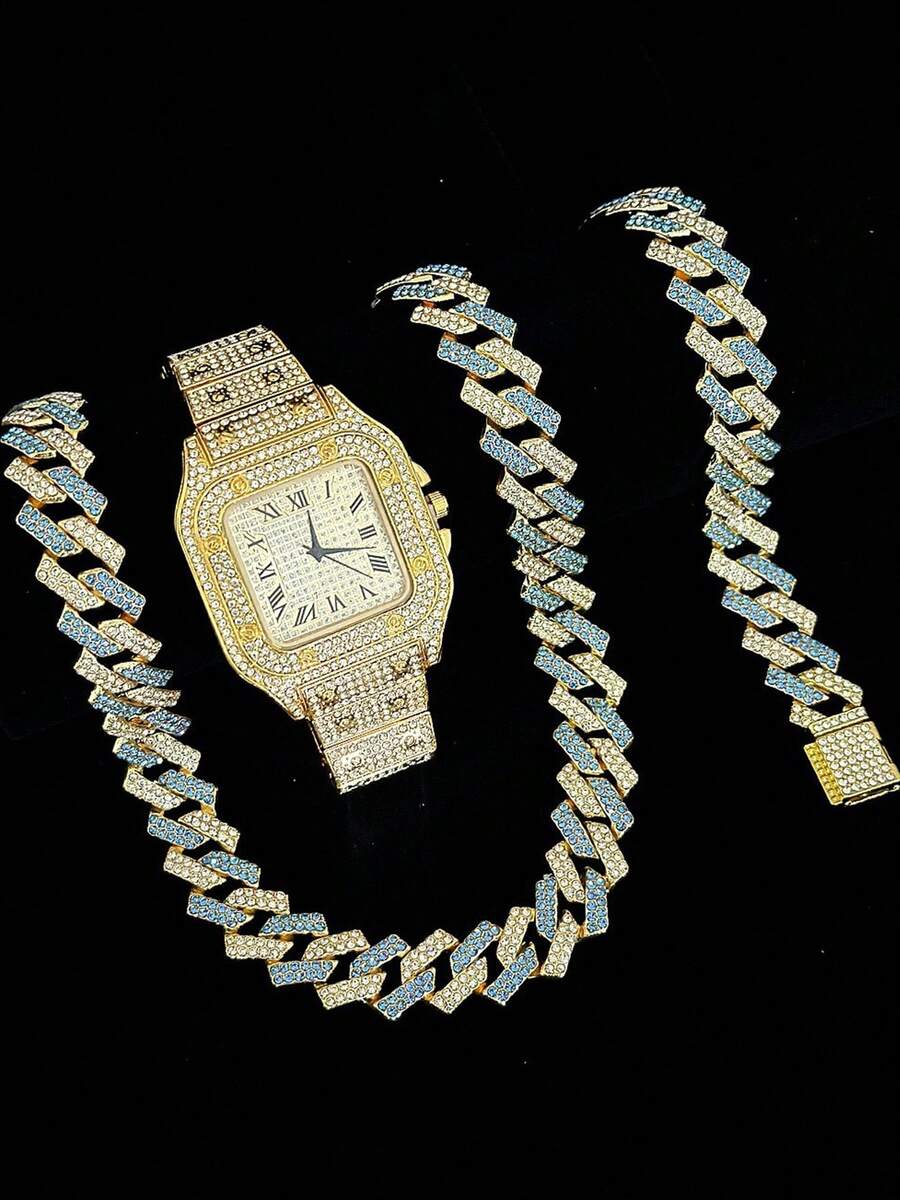 3pcs/Set European American Hip Hop Cuban Bracelet Necklace Watch Gift Set Quartz Watch - 3pcs - View 1