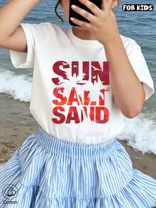 Camiseta de algodón personalizada, cuello redondo de manga corta para primavera/verano, estampado de dibujos animados, adecuada para el ocio diario, vacaciones, playa, niños - Blanco - Ver 3