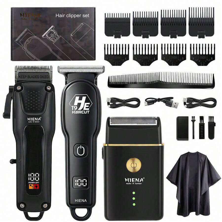 Conjunto de 3 Peças de Cortador de Cabelo Masculino HIENA Preto, Cortador de Cabelo Sem Fio com LED, Aparador de Contorno Zero-Gap e Barbeador de Folha Suave, Kit de Barbeiro Recarregável por USB, Inclui Conjunto Completo de Pentes Guia, Ferramenta Completa para Corte de Cabelo em Casa DIY e Presente de Feriado para Homens