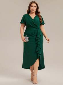EVERPRETTY Plus Size Women V-Neck Ruched High Slit Asymmetric Wedding Guest Evening Dress, Deep Green, Suitable For Weddings And Semi-Formal Occasions - Dark Green - View 4