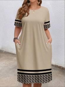 Plus Size Women Summer 2026 New Arrival Round Neck Contrast Color Short Sleeve Dress With Pockets Comfortable Elegant Fashion - Green Flowers - View 8