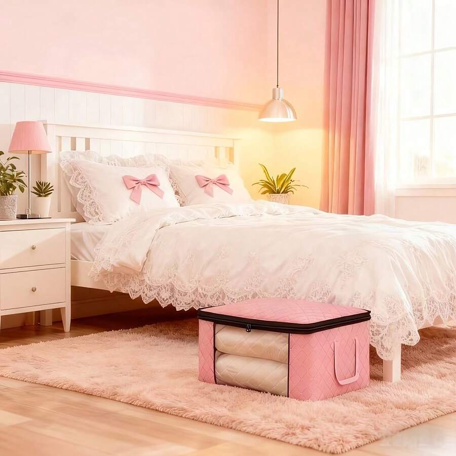 2pcs Oversized Foldable Organizer With Window Opening And Visual Durable Folding Clothes Organizer With Zipper And Lid And Reinforced Handle For Bedding, Blankets, Pillows And Clothing, Under-Bed Storage - Pink - View 1