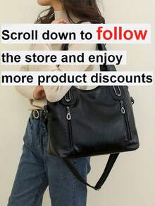 Solid Color Leather Handbag, Vintage PU Crossbody Sling Bag With Front And Back Zipper Pockets, High Capacity Women Shoulder Bag For Daily Commute, New Arrival Tote Bags For Woman - Black - View 2