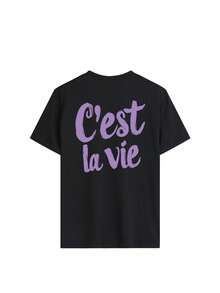 修身短袖T恤，正面紫色愛心圖案，背面「C'est La Vie」法文標語圖案，白色夏季休閒上衣，黑色 - 黑色 - 查看 3