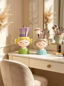 1pc Kawaii Resin Girl Head Makeup Organizer, Decorative Brush Storage Cup, Aesthetic Vanity Desk Accessory, Multi-Functional Holder For Pens & Lipsticks, Nordic Style Room Decor, Cute Gift For Girls,Makeup Organizer,Room Decor - Multicolor - View 6