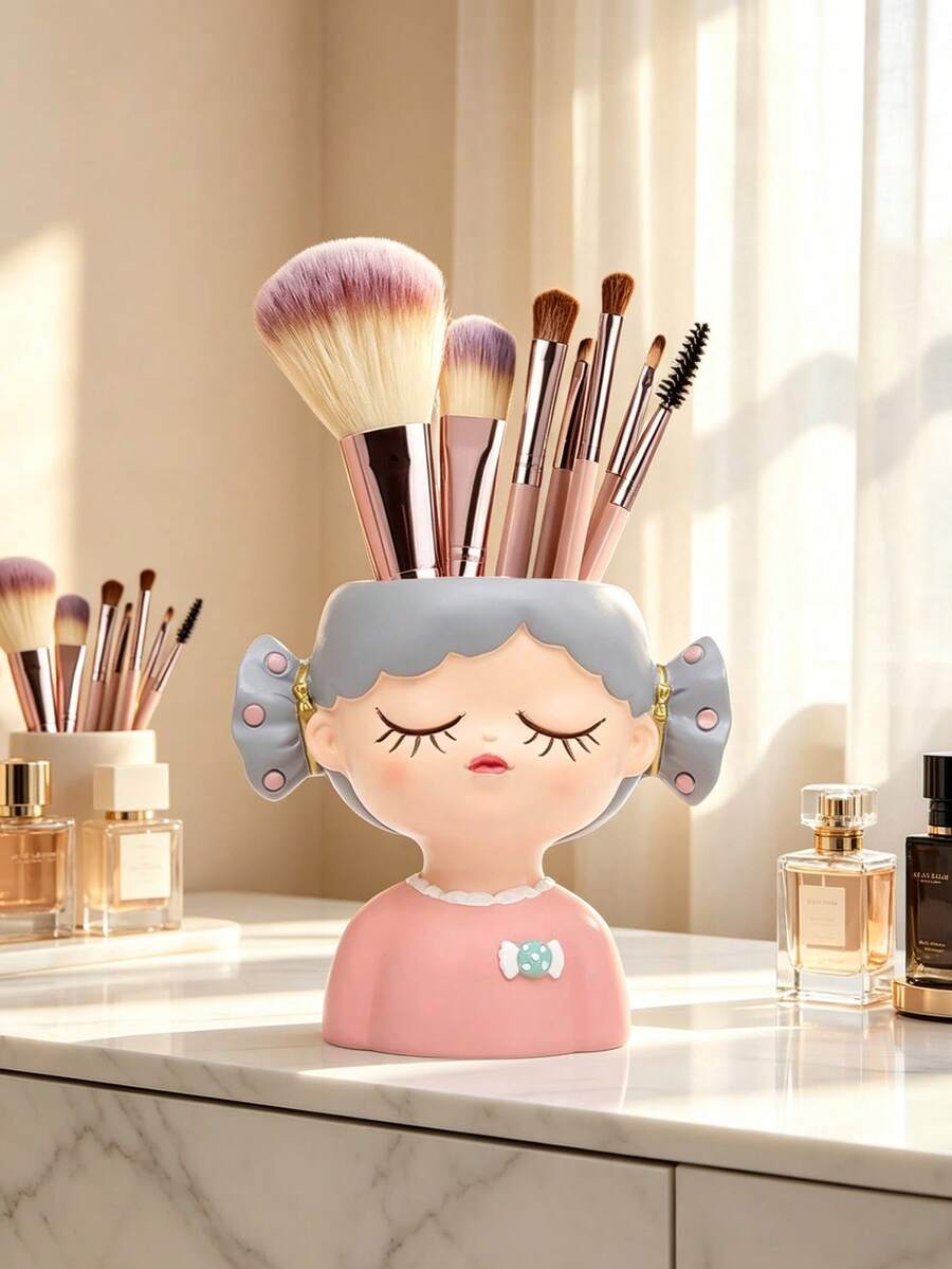 1pc Kawaii Resin Girl Head Makeup Organizer, Decorative Brush Storage Cup, Aesthetic Vanity Desk Accessory, Multi-Functional Holder For Pens & Lipsticks, Nordic Style Room Decor, Cute Gift For Girls,Makeup Organizer,Room Decor - Multicolor - View 1