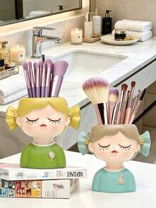 1pc Kawaii Resin Girl Head Makeup Organizer, Decorative Brush Storage Cup, Aesthetic Vanity Desk Accessory, Multi-Functional Holder For Pens & Lipsticks, Nordic Style Room Decor, Cute Gift For Girls,Makeup Organizer,Room Decor - Multicolor - View 10