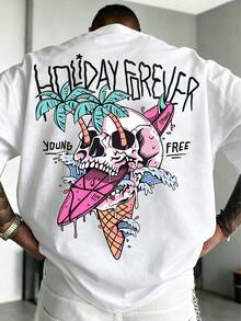 1pc Plus Size Men's Crew Neck Short Sleeve Skull Ice Cream Palm Tree Print T-Shirt, Summer Casual Everyday Wear Top, Loose Fit, Plus Size, Size Recommendation Details In Main Image, Please Check Size Before Ordering To Avoid Fit Issues!!! - White - View 1