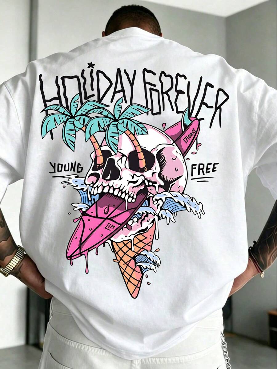 1pc Plus Size Men's Crew Neck Short Sleeve Skull Ice Cream Palm Tree Print T-Shirt, Summer Casual Everyday Wear Top, Loose Fit, Plus Size, Size Recommendation Details In Main Image, Please Check Size Before Ordering To Avoid Fit Issues!!! - White - View 1
