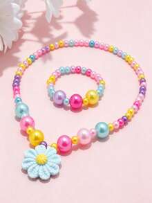 2pcs/Set Girls Cute Flower Pendant Beaded Necklace Bracelet Jewelry Set, Suitable For School, Holiday Party, Birthday Gift, Daily Wear - one-size - View 8