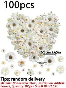 50/100件裝混色人造花頭，0.98-2.75英吋，春夏DIY花頭，包含玫瑰、雛菊與牡丹，適用婚禮裝飾、髮飾、居家、派對及桌面中心裝飾，四季皆宜 - 乳白系 - 查看 7