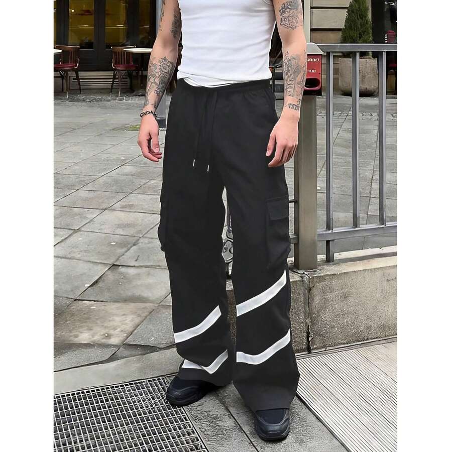 Men's Black Drawstring Waist Side Diagonal Reflective Stripe Cargo Wide Leg Long Pants - Black - View 1