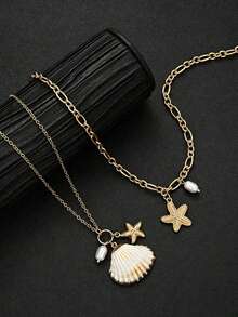 2pcs Beach Vacation Style Fashion Casual Bohemian Starfish Shell Faux Pearl Pendant Multi-Layer Stacked Necklace Set For Women, Daily Wear, Date, Party, Vacation, Travel, Gift For Girlfriend And Mom - Yellow Gold - View 4