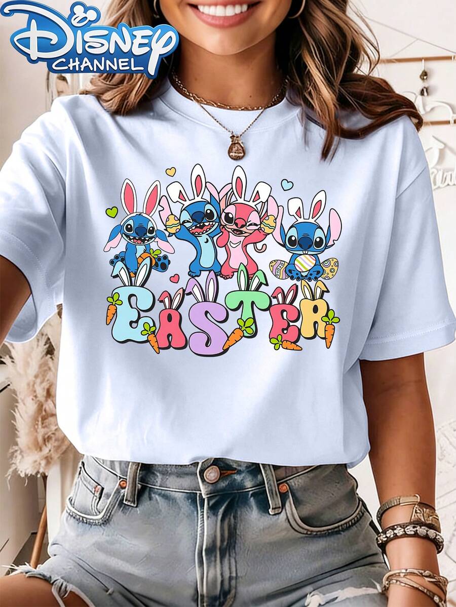 Disney Lilo & Stitch Happy Easter Print Crew Neck Tee, Bunny Stitch Angel Cartoon Character Casual Graphic Top - White - View 1