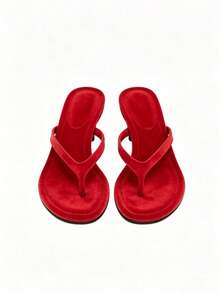 Red Suede Toe-Post Flip-Flop Heel, Summer New Low Commute Versatile Sandals, Comfortable Outdoor Beach, Kitten - Red - View 3