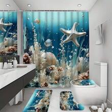 1/3/4 Pcs Starfish Bathroom Curtain Set, Creative Decorative Bathroom Set Including Waterproof Shower Curtain, Non-Slip Mat, Toilet Lid Cover, Bath Mat And 12 Plastic Hooks, Bathroom Decor, Shower Curtain Set, Home Decor, Bathroom Accessories (Please Select The Appropriate Size According To The Size Chart To Avoid Being Too Large Or Too Small) - Multicolor - View 6