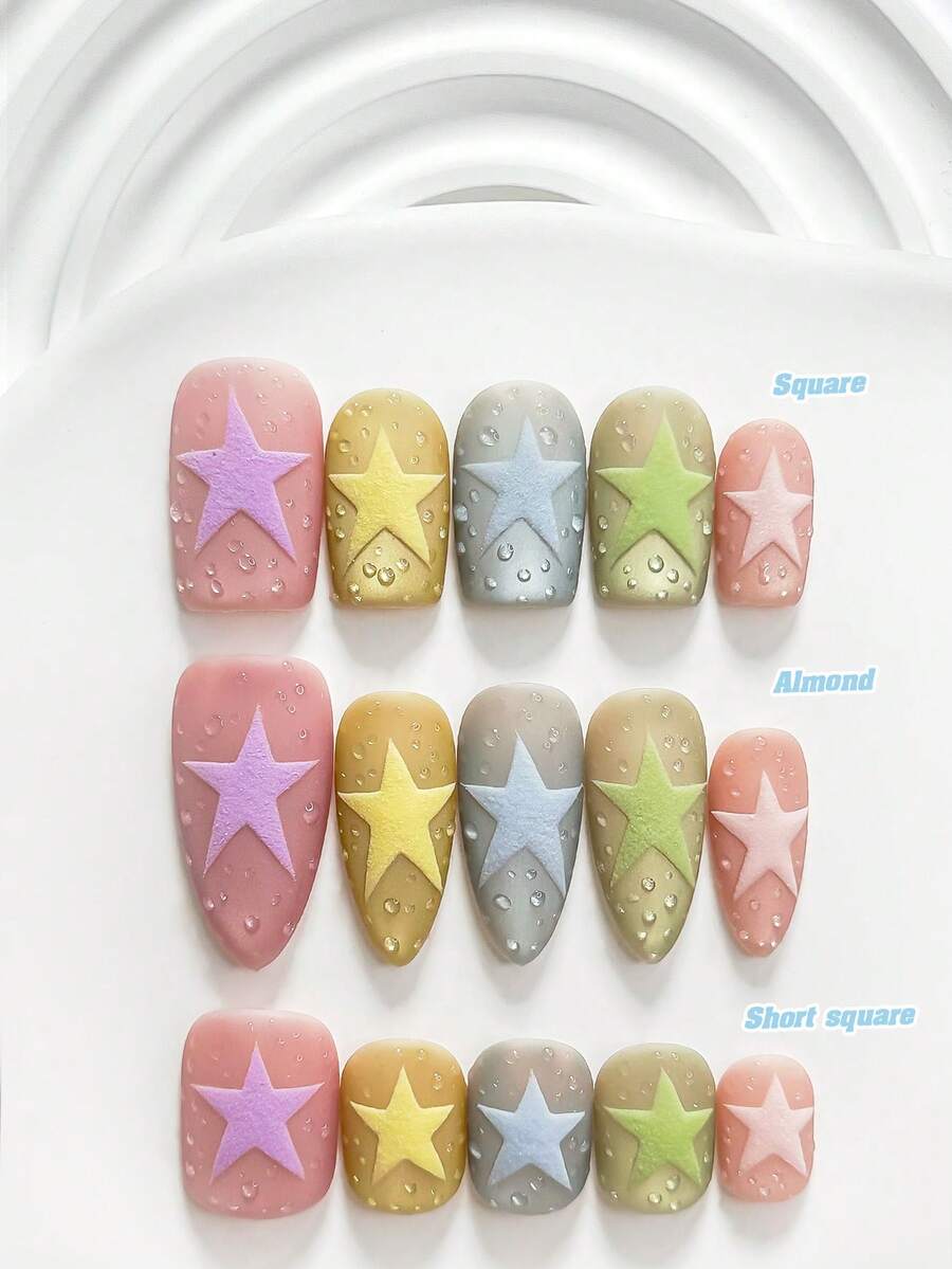 10片清新風手工穿戴甲,Polygel美甲套組,手繪五角星圖案,紫色、黃色、藍色、綠色、粉色指甲油,透明款,含美甲工具,3種尺寸可選,方型、短方型、杏仁形,適合派對、跳舞、日常配戴 - 彩色 - 查看 1