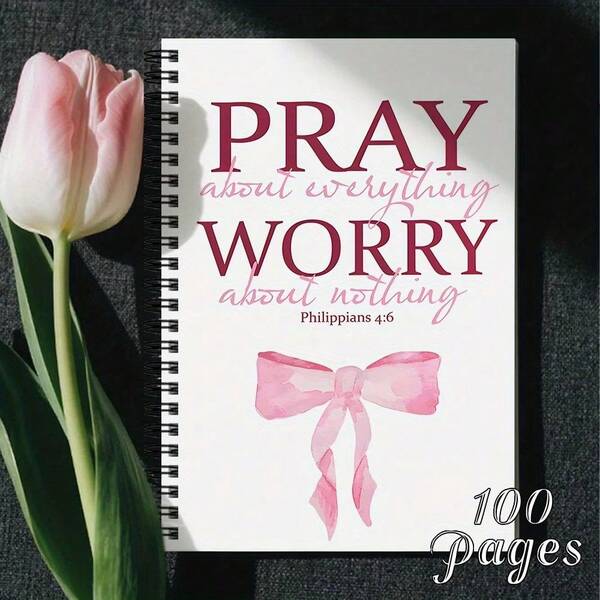 1pc Elegant Christian Bible Verse Journal With Prayer About Everything & Worry - Pink Bow Design, Pastel Pink & Maroon Spiritual Planner For Women, Girls - Gift For Birthday, Easter, Mother's Day - Compact Bible Verse Notebook For Daily Prayer, Chri