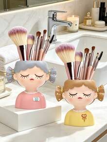 1pc Kawaii Resin Girl Head Makeup Organizer, Decorative Brush Storage Cup, Aesthetic Vanity Desk Accessory, Multi-Functional Holder For Pens & Lipsticks, Nordic Style Room Decor, Cute Gift For Girls,Makeup Organizer,Room Decor - Multicolor - View 9
