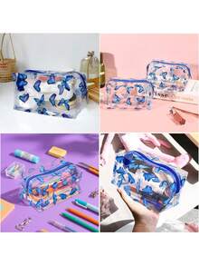 1pc Cute Crystal Clear Cosmetic Bags, Travel Toiletry Clear Makeup Bags, Portable Makeup Brushes Kit Storage Bag, Waterproof Cartoon Organization For Women Girls (Butterfly) - Blue - View 4
