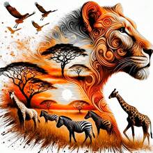 無框圓形鑽石畫套裝,獅子與其他動物剪影,5D圓形鑽石畫全人工水鑽馬賽克繪畫套裝,初學者手工DIY鑽石畫寶石家居牆面裝飾禮物 - 查看 2