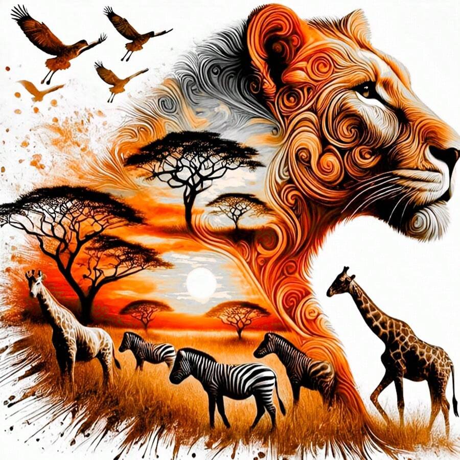 無框圓形鑽石畫套裝，獅子與其他動物剪影，5D圓形鑽石畫全人工水鑽馬賽克繪畫套裝，初學者手工DIY鑽石畫寶石家居牆面裝飾禮物