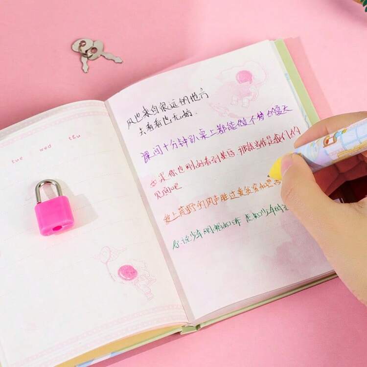 1 Set Random Pattern (Notebook + 1 Six-Color Ballpoint Pen) Lockable Cartoon Notebook, Portable Pocket Set, 64 Sheets 128 Pages, Girl's Diary, Back To School Essential, Cute Girly Notebook, Small Lockable Student Diary, Girl's Planner Gift Box - Locked Laptops Sent Randomly - View 4