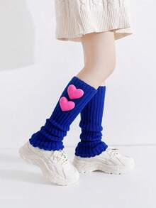 1 Pair Girls' Sweet Cute 3D Heart Bright Color Spring Autumn All Season Knit Leg Warmers, Colorful Performance Slouch Leg Warmers - Blue - View 4