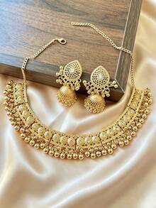 3pcs Luxury Aluminum Alloy Earrings + Colorful Crystal Necklace Fashion Jewelry Set, Suitable For Women To Wear At Banquets Or Weddings - Jhumka - View 3